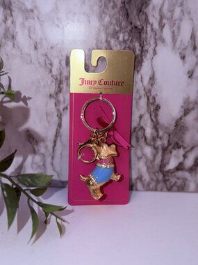 Juicy Couture Dog Keychain Gold Tone Bag Charm Pink Blue Enamel Gift